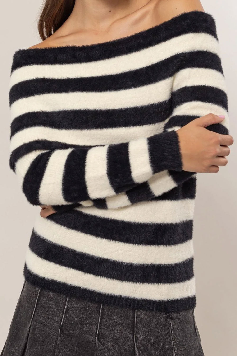 CATHERINE OFF SHOULDER STRIPED SWEATER