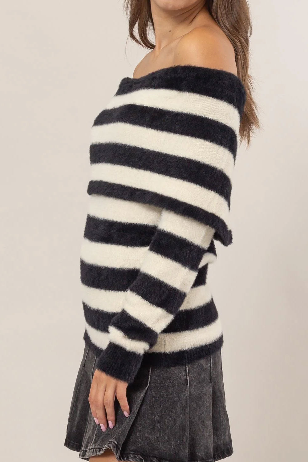 CATHERINE OFF SHOULDER STRIPED SWEATER