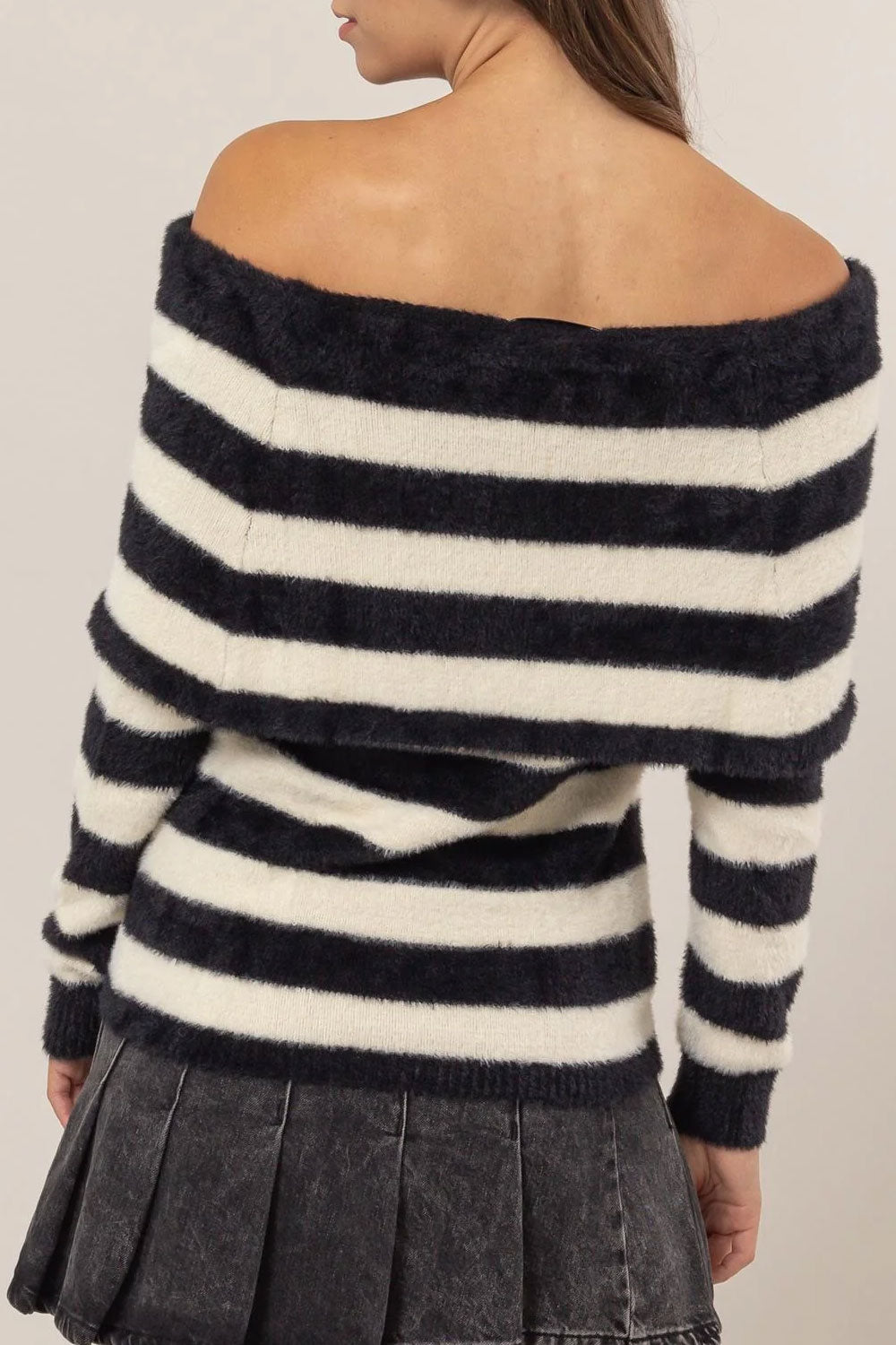 CATHERINE OFF SHOULDER STRIPED SWEATER